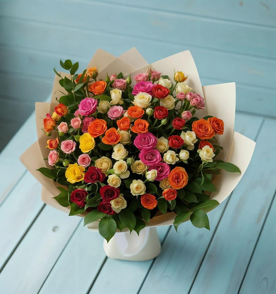 Букет Микс из разноцветных кустовых роз в Богдановиче Свердловская область